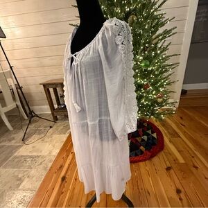 Mlle Gabrielle Women’s 2X Midi White Gauze Tiered Dress Crochet Milkmaid Twee